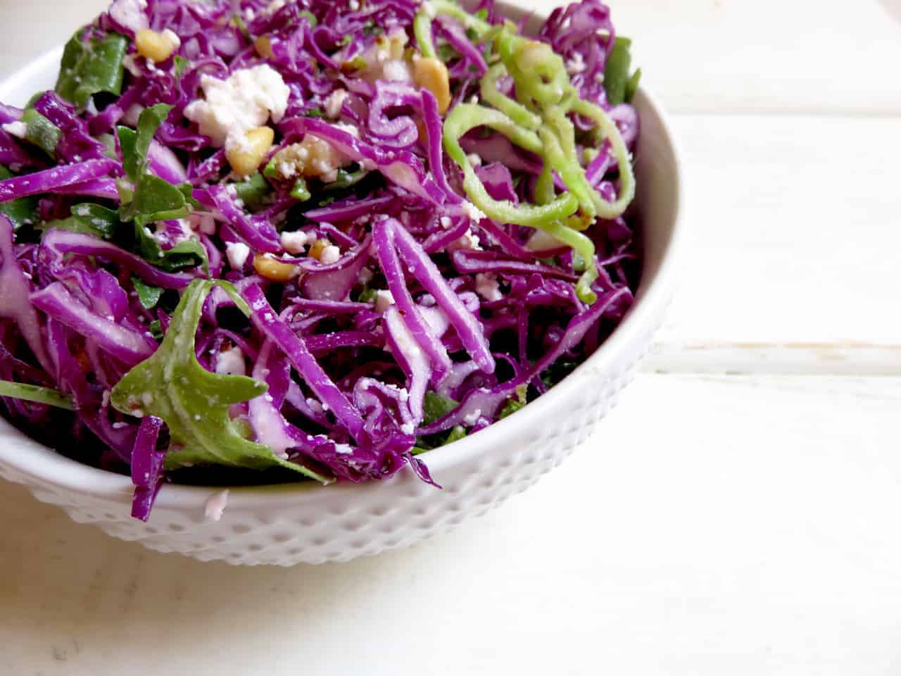 Spiralized Broccoli Cabbage Salad with Tahini Ginger Dressing