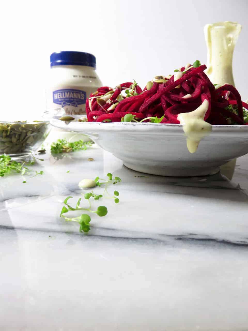 Spiralized Beet Salad with Creamy Garlic Dressing