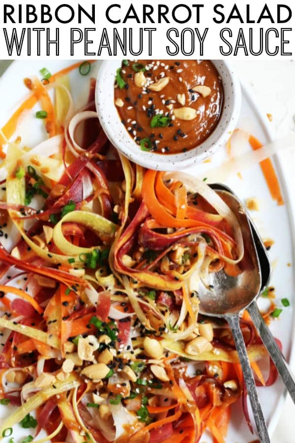 If you want a deliciously flavorful salad without the leafy greens, try this Ribbon Carrot Salad + Peanut Sauce! So simple to make and super satisfying! thetoastedpinenut.com #thetoastedpinenut #carrots #carrotrecipe #carrotsalad #peanutsauce #veganrecipe