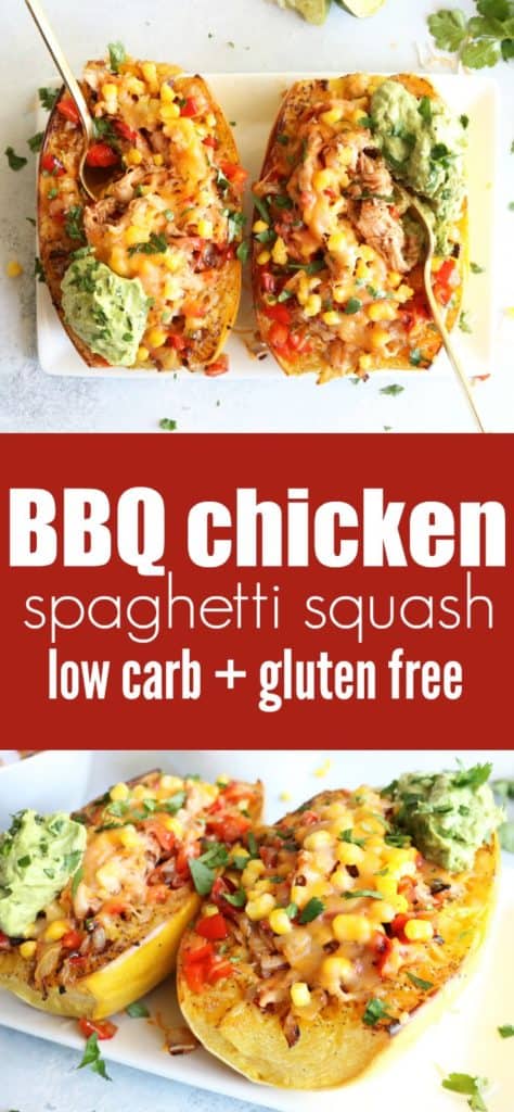 Love this bbq chicken spaghetti squash for an easy, low carb and gluten free meal! This is the only way I'm eating spaghetti squash from here on out. thetoastedpinenut.com