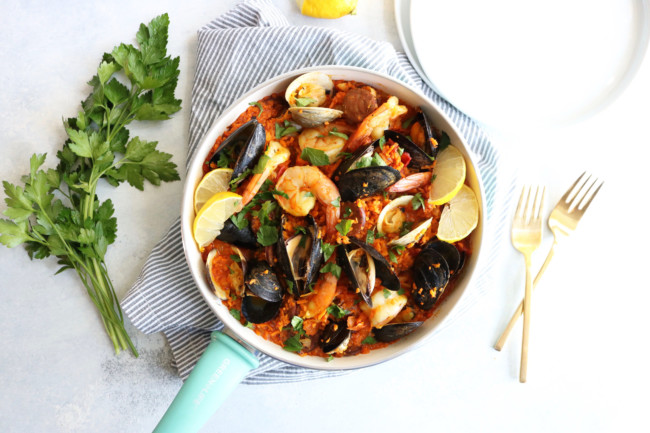 Chorizo + Seafood Paella with Sweet Potato Rice - The Toasted Pine Nut