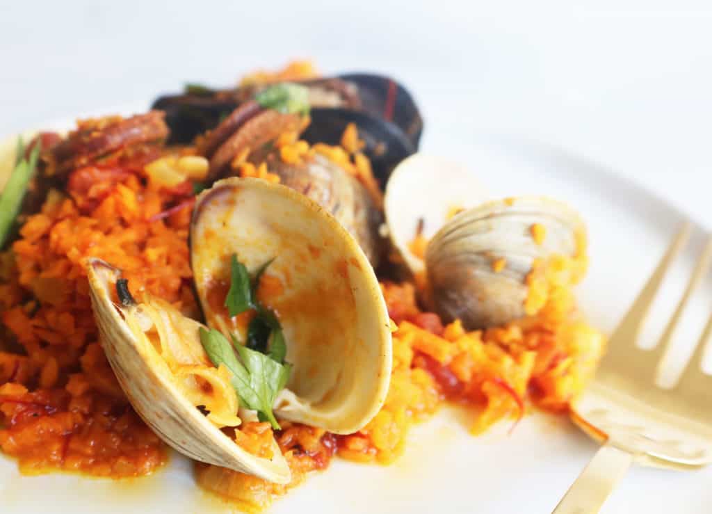 Chorizo + Seafood Paella with Sweet Potato Rice - The Toasted Pine Nut