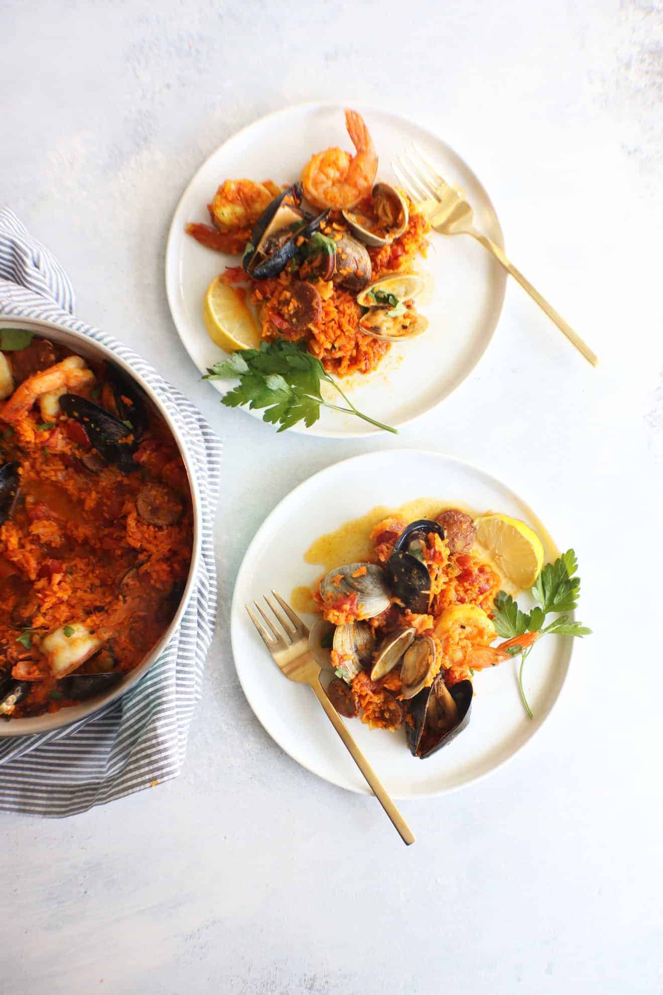 Chorizo + Seafood Paella with Sweet Potato Rice