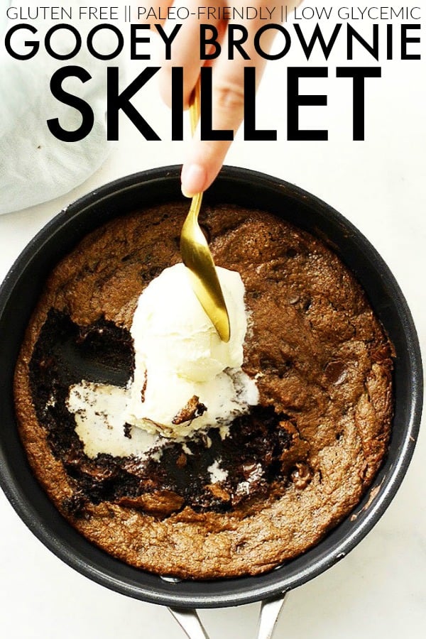The best and only Gooey Brownie Skillet recipe you'll ever need. It's made from pecans and is so delicious you'll love me and hate me for this one :) thetoastedpinenut.com #thetoastedpinenut #brownies #glutenfreebrownies #skilletbrownies #brownieskillet