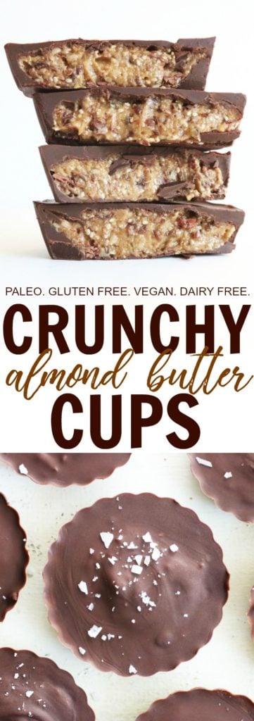 These low glycemic, vegan, and paleo friendly Crunchy Almond Butter Cups will be your new favorite dessert! I love how crunchy and fun this recipe is!! thetoastedpinenut.com