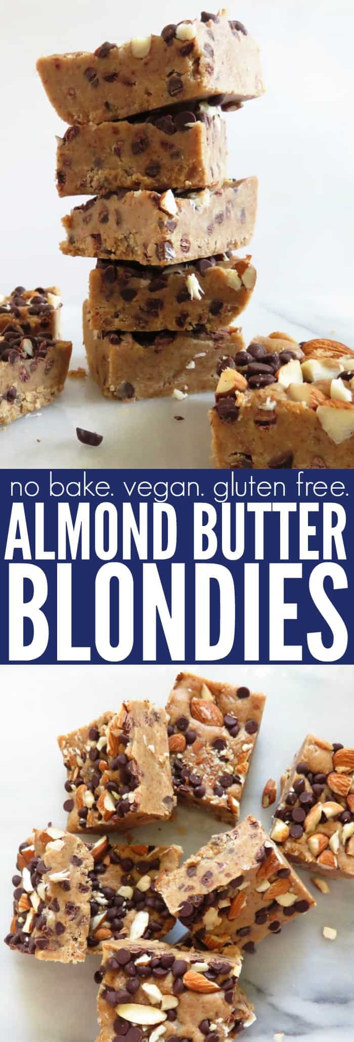 Easy and delicious No Bake Almond Butter Blondies made from only a handful of ingredients!! They're vegan, low glycemic, gluten free, and so fun! thetoastedpinenut.com