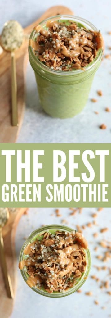 The BEST green smoothie recipe ever!! Lower carb and packed with kale, hemp, protein and fiber!! Best way to start your morning! This will be your new fave! thetoastedpinenut.com #smoothie #kale #green #breakfast