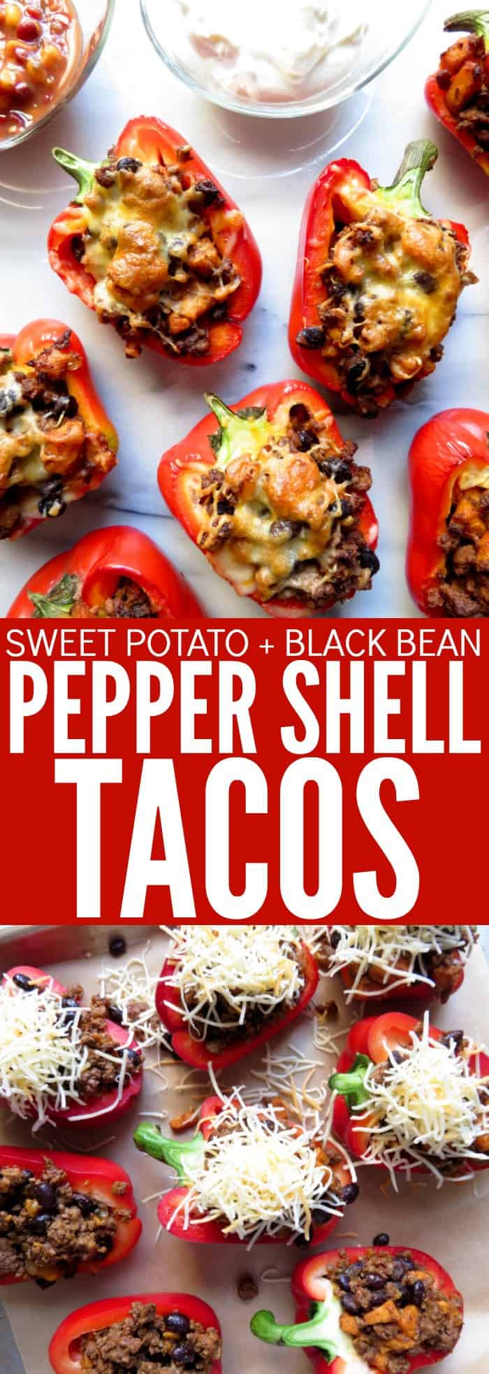 Fun way to celebrate #tacotuesday but keep it low carb and gluten free with these Pepper Shell Tacos!! The sweet potato and black beans add a nice flavor! thetoastedpinenut.com