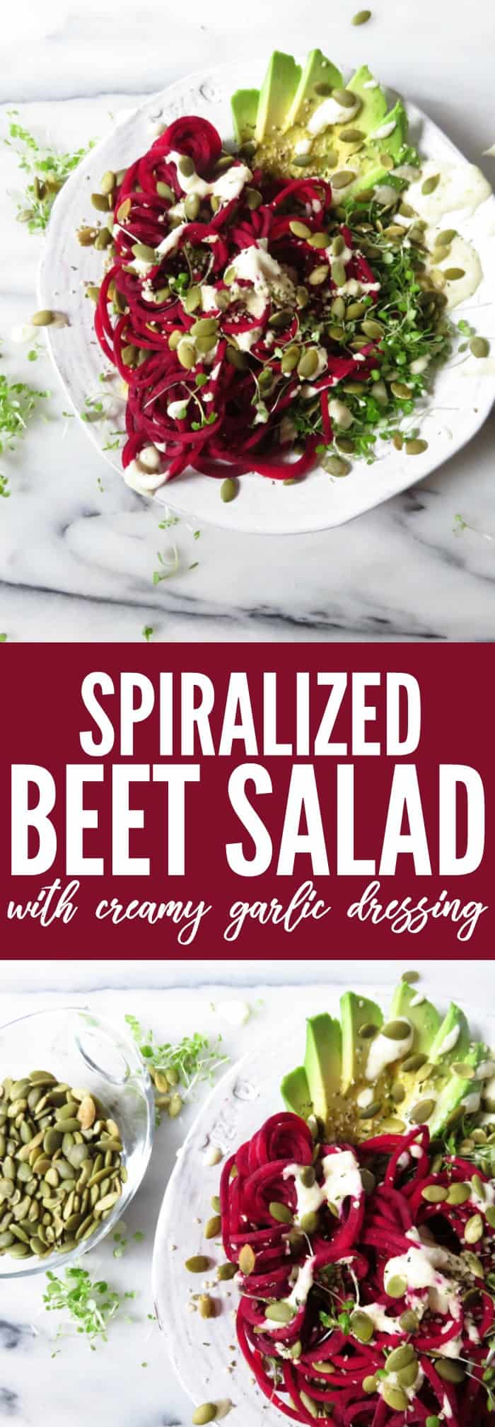 You'll love this recipe for raw Spiralized Beet Salad with vegan Creamy Garlic Dressing! I can't believe it's dairy free, it's so creamy and delicious!! thetoastedpinenut.com