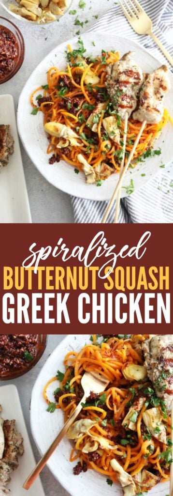 These Spiralized Butternut Squash Noodles with Greek Chicken Kebobs are such an easy and delicious weeknight meal! Whole 30, paleo, low carb + gluten free! thetoastedpinenut.com #lowcarb #whole30 #glutenfree #paleo
