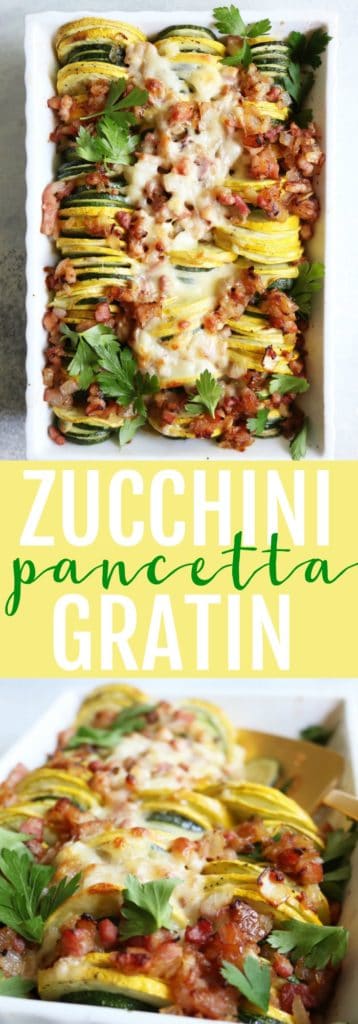 This Zucchini Pancetta Gratin is so light but so hearty. The zucchini absorbs the mouthwatering caramelized onion + pancetta flavors! Low carb + Gluten Free + makes the perfect easy weeknight meal! thetoastedpinenut.com