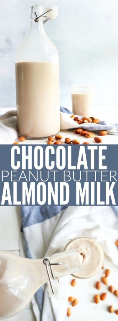 Chocolate Peanut Butter Almond Milk that is the perfect treat! You will love this freshly made homemade almond milk plus a fun recipe for the leftover pulp! thetoastedpinenut.com #lowcarb #glutenfree #dairyfree