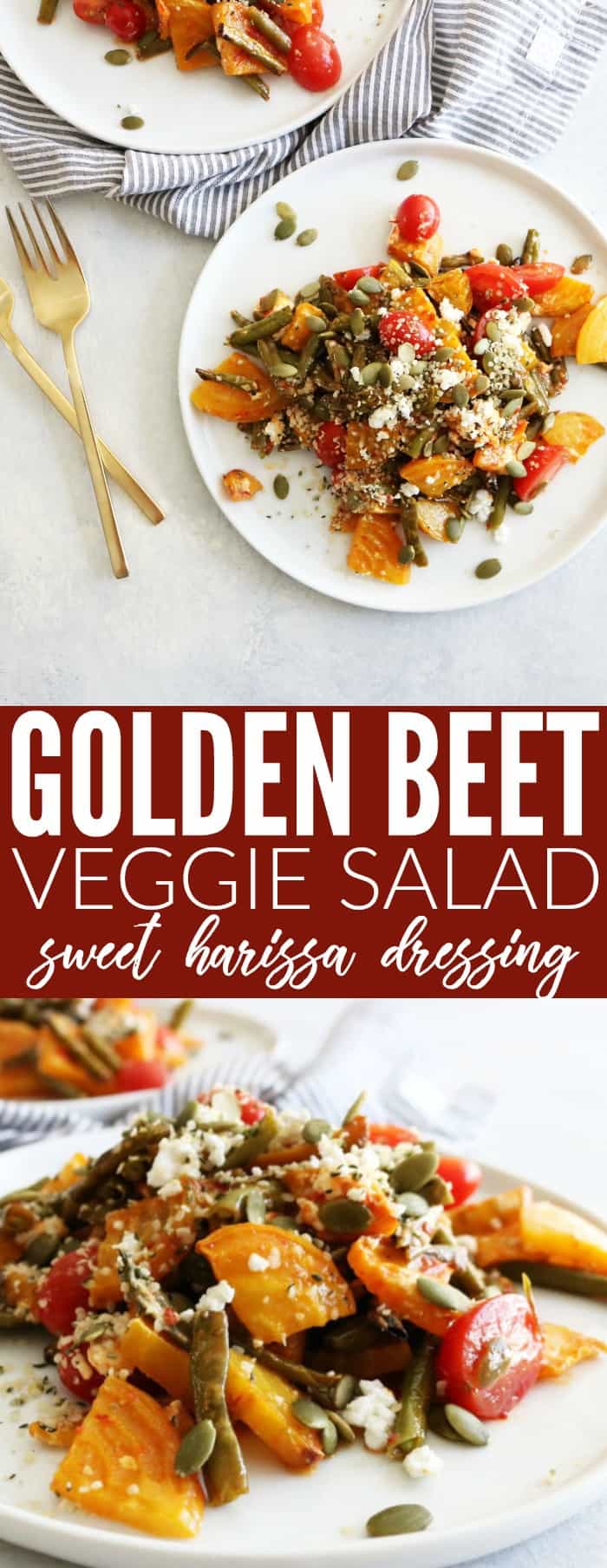You'll love this veggie packed Roasted Golden Beet Salad with Harissa! The sweet and spicy harissa dressing is so tasty! #lowcarb #vegetarian #glutenfree thetoastedpinenut.com