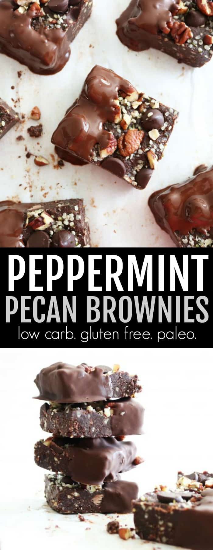 The most delicious no-bake Peppermint Pecan Brownies you'll ever eat!! Super delicious treat you can feel good about! Plus they're low carb and gluten free! thetoastedpinenut.com #lowcarb #glutenfree