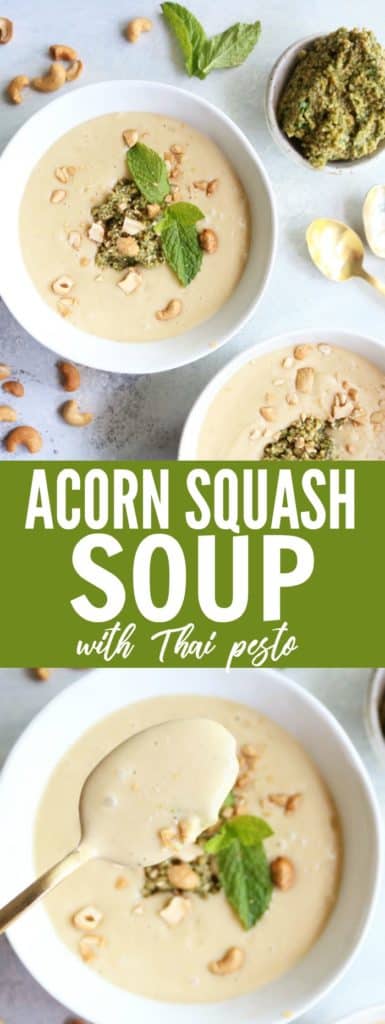 Really fun and cozy Acorn Squash Soup with a tasty Thai Pesto! Perfect for getting you in the autumn spirit and for slurping curled up on the couch. thetoastedpinenut.com #lowcarb #glutenfree #paleo #soup