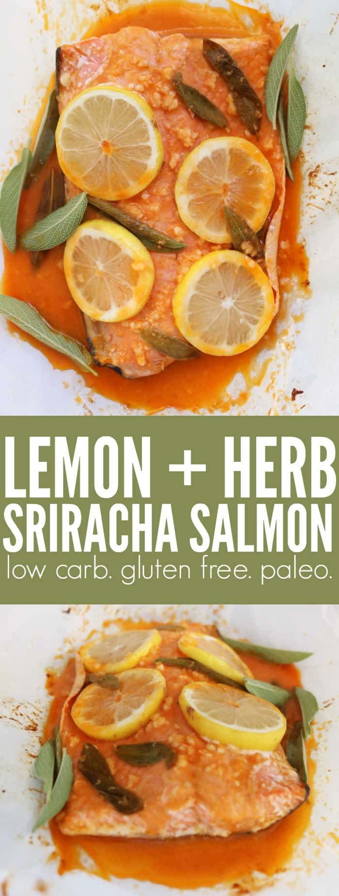 Weeknight dinners don't get easier than this! You'll love this flavor packed Lemon + Herb Sriracha Salmon!! A perfect low carb, gluten free, and paleo meal! thetoastedpinenut.com #lowcarb #glutenfree #dinner