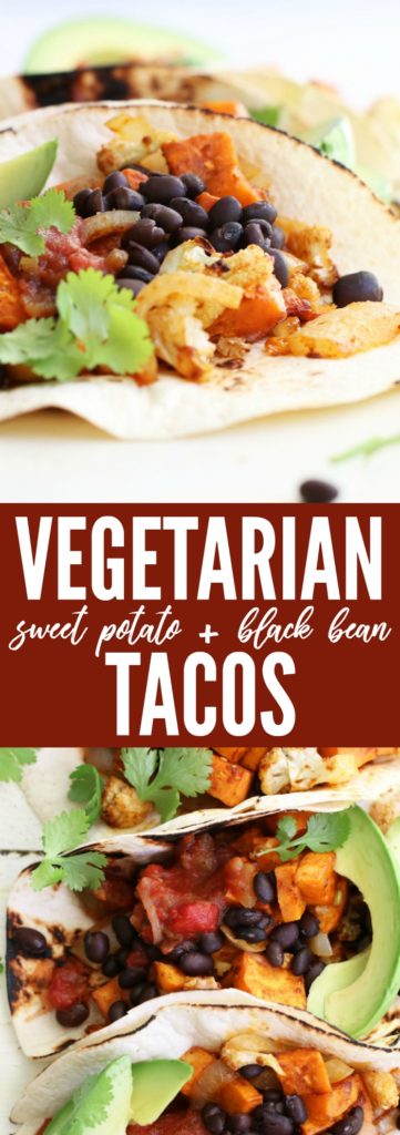 You'll love these Vegetarian Sweet Potato + Black Bean Tacos!! They're gluten free, dairy free, paleo, and perfect for an easy weeknight dinner! thetoastedpinenut.com #glutenfree #paleo #tacos #vegetarian