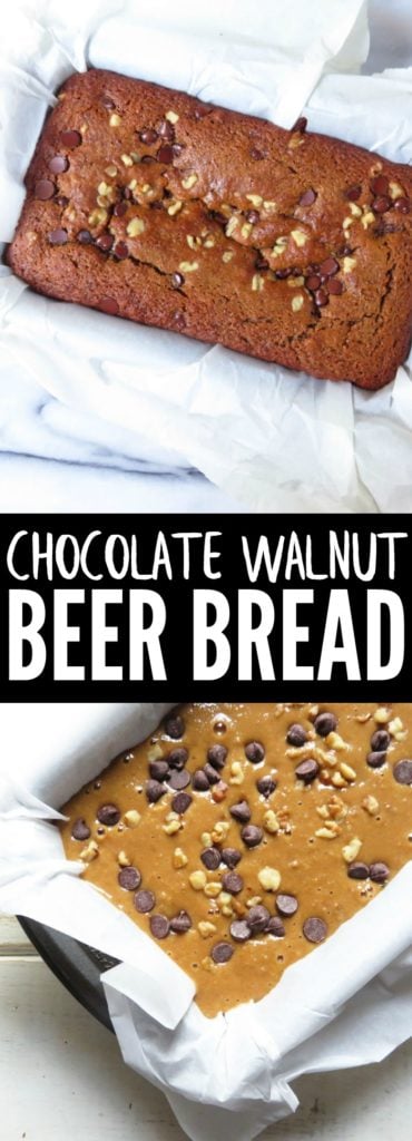 You'll love this hearty and flavorful Walnut Chocolate Chip Beer Bread!! It's perfect for all those beer lovers out there, so rich and PACKED with goods! thetoastedpinenut.com #recipe #beerbread