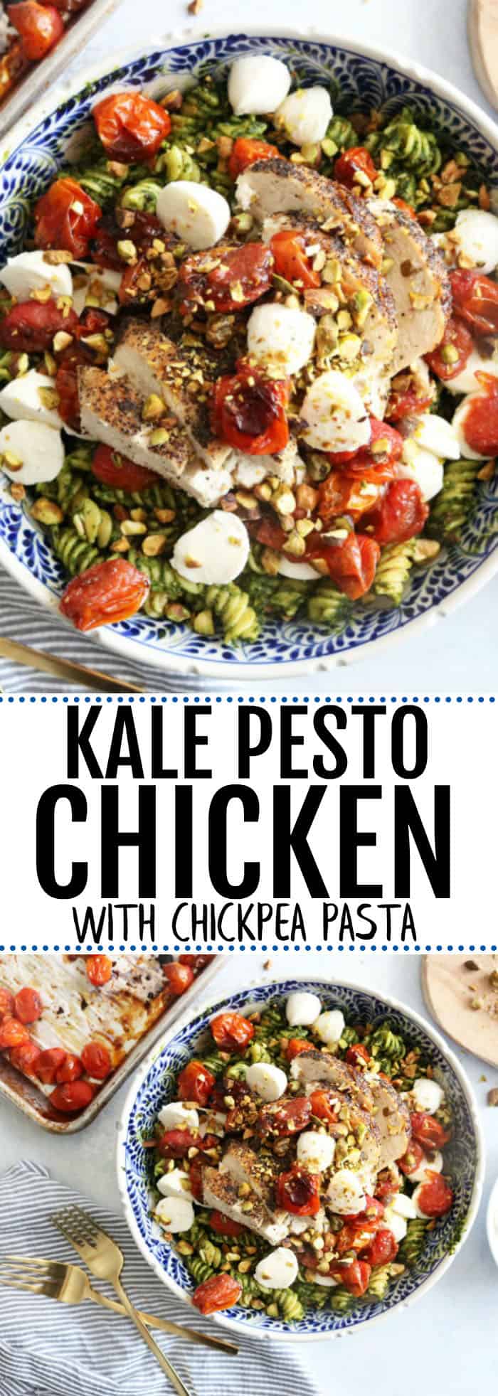 Really delicious recipe for kale pesto chicken with chickpea pasta. It's low carb, gluten free, and perfect for meal prep or easy weeknight dinners! thetoastedpinenut.com #glutenfree #healthymeal #weeknightmeal #familymeal