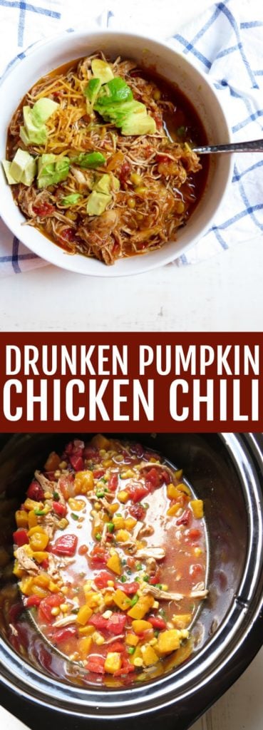 You'll love this recipe for Drunken Pumpkin Chicken Chili!! It's so cozy, hearty, and perfect for fall! It's a perfect game day meal! thetoastedpinenut #chili #gamedayrecipe #chili #shreddedchicken