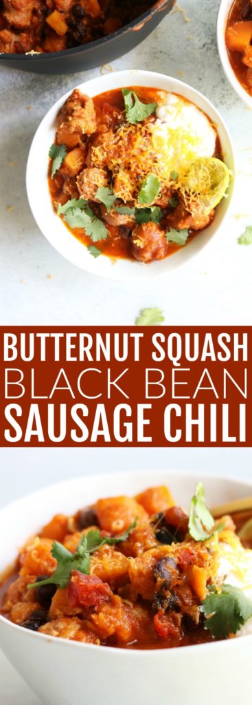 You love this hearty and cozy Butternut Squash Black Bean Sausage Chili! This is such an easy fall recipe and makes for delicious leftovers!! thetoastedpinenunt.com #glutenfree #chili #paleo