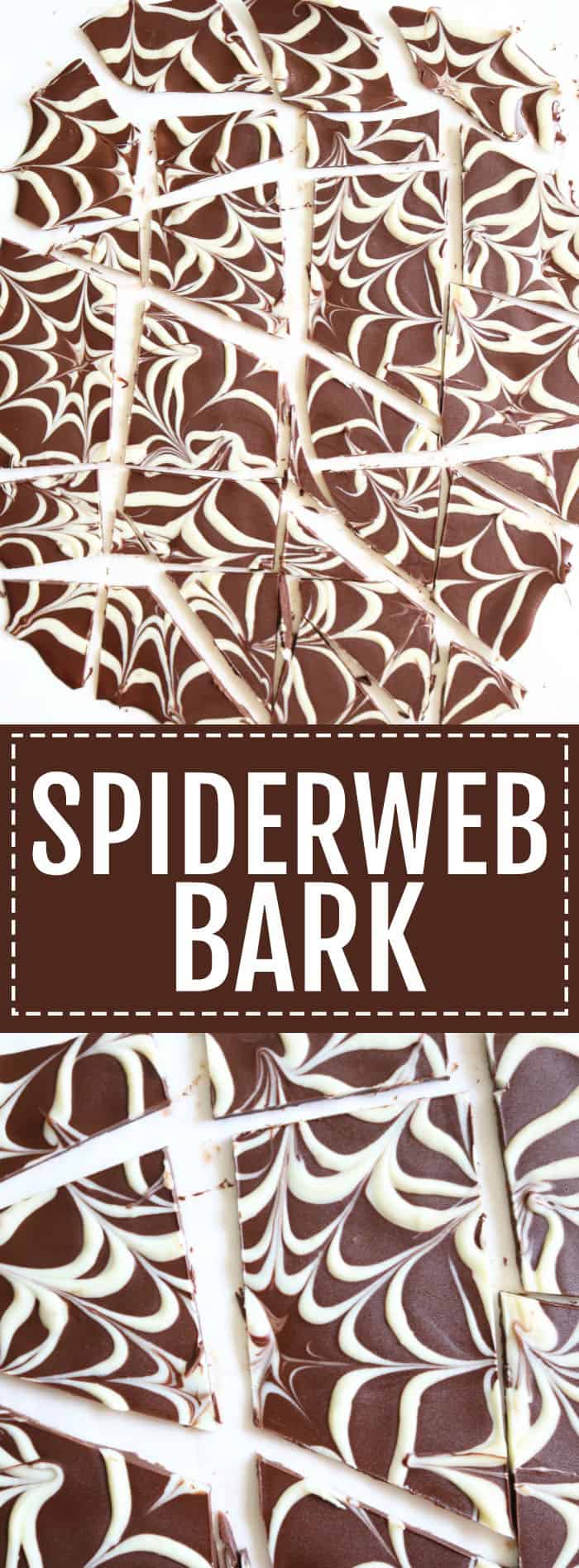 You'll LOVE this easy three ingredient recipe for Chocolate Spiderweb Bark! Such a simple and delicious gluten free Halloween treat! thetoastedpinenut.com #glutenfree #dessert #halloween