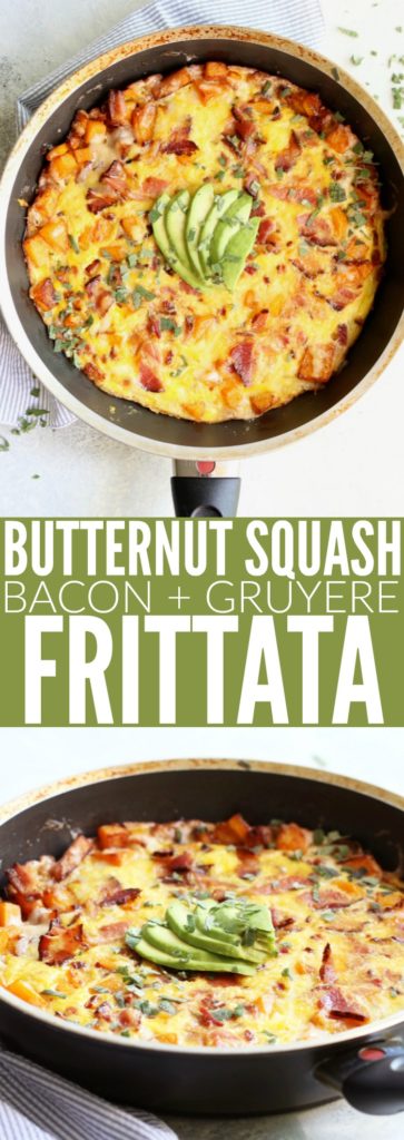 Spruce up your frittata game with deliciously decadent fall flavors! You'll LOVE this low carb + gluten free Butternut Squash Bacon + Gruyere Frittata!! thetoastedpinenut.com #lowcarb #glutenfree #frittata #breakfast #brunch