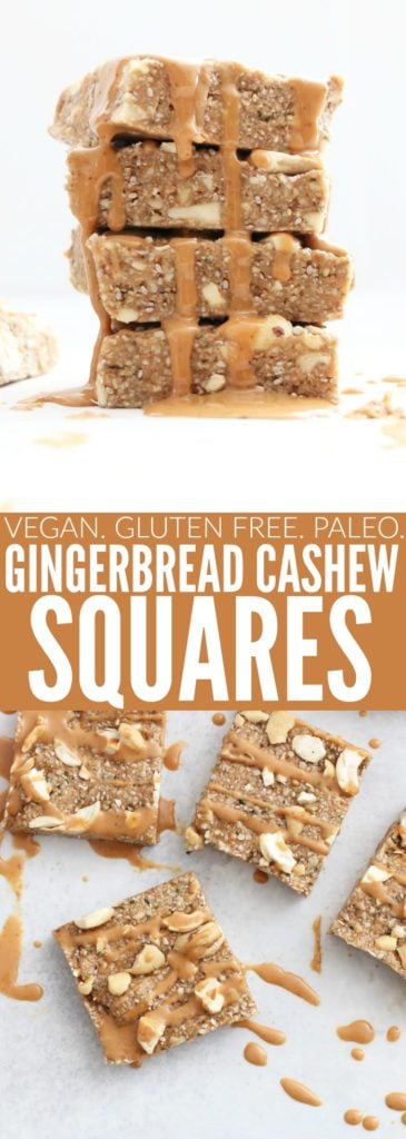 These Cashew Gingerbread Squares are the most delicious and easy sweet snack! They're only a handful of ingredients, vegan, gluten free, and paleo! thetoastedpinenut.com #vegan #glutenfree #paleo #healthysnack