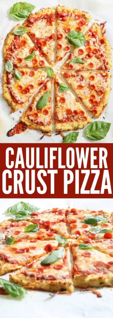 Delicious low carb and gluten free cauliflower crust pizza that is so easy and perfect for a lightened up weeknight favorite :) thetoastedpinenut.com #lowcarb #glutenfree #cauliflower #pizza #weeknightmeal #familydinner