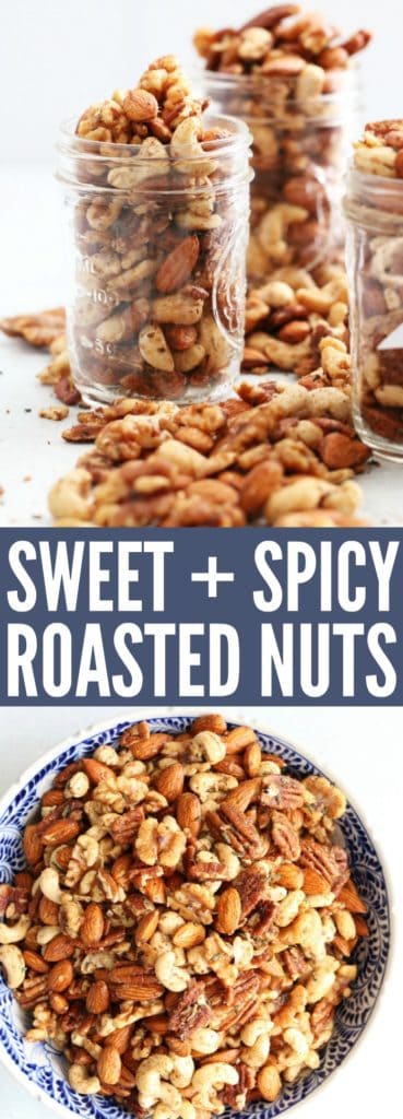 These Sweet + Spicy Roasted Nuts are so addicting! They make the perfect holiday gift for a friend or teacher! Only a handful of ingredients and so easy! thetoastedpinenut.com #nuts #holidaygift #healthysnack #glutenfree #paleo