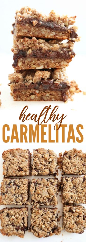 These INSANELY delicious Healthy Carmelitas will be a family favorite! They're gluten free, paleo friendly, and vegan friendly! Can't wait for you to try them! thetoastedpinenut.com #glutenfree #dessert #carmelitas #paleofriendly #veganfriendly #recipe