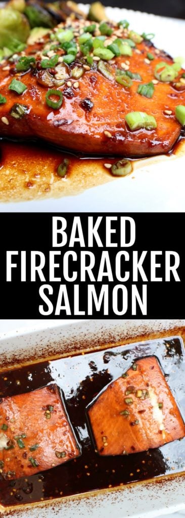 You'll love this spicy marinated Baked Firecracker Salmon!! Such a delicious and fiery fish dinner, perfect for any weeknight meal or date night! thetoastedpinenut.com #lowcarb #glutenfree #salmon #fish #dinner #seafood