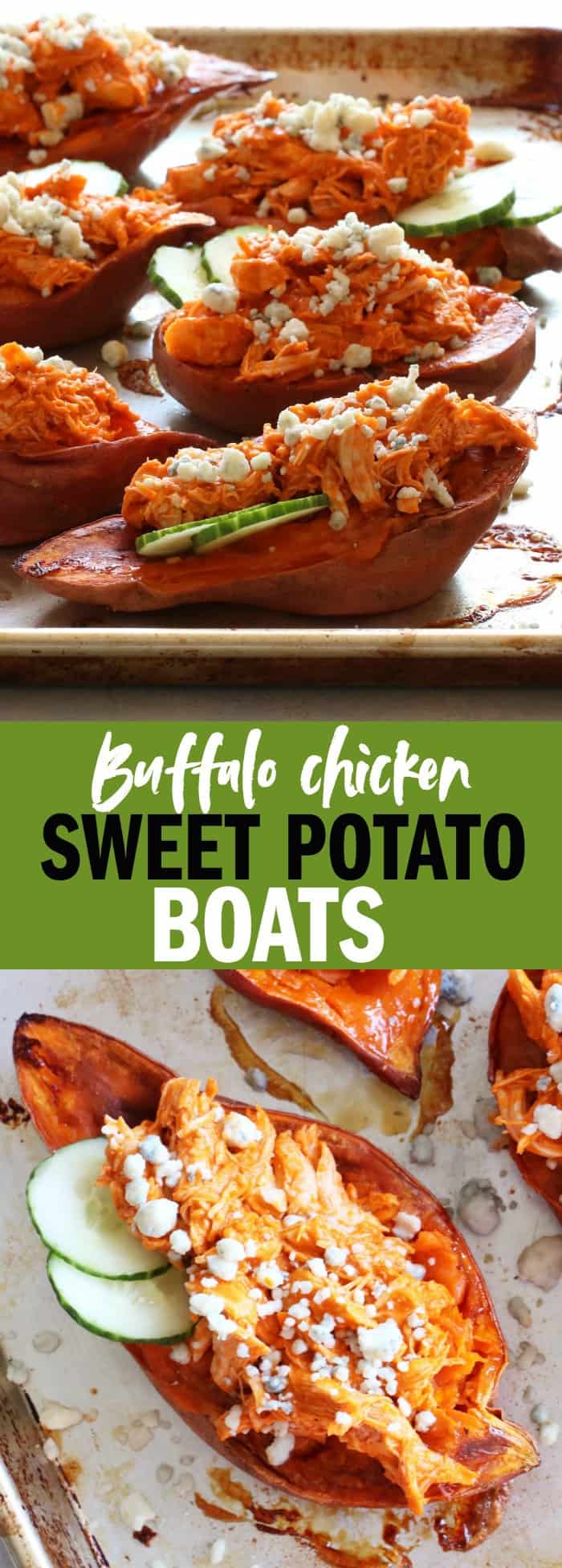 These Shredded Buffalo Chicken Sweet Potato Boats are easy enough for a weeknight dinner, but the flavorful and indulgent enough for a game day treat! thetoastedpinenut.com #glutenfree #primal #paleofriendly #gameday #superbowl