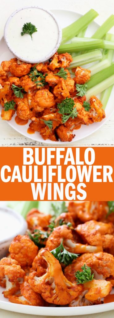 These buffalo cauliflower wings are the perfect vegetarian, low carb + gluten free appetizer for Super Bowl Sunday! They're such a crowd pleaser!! thetoastedpinenut.com #lowcarb #vegetarian #glutenfree #paleo #buffalo #cauliflower #wings