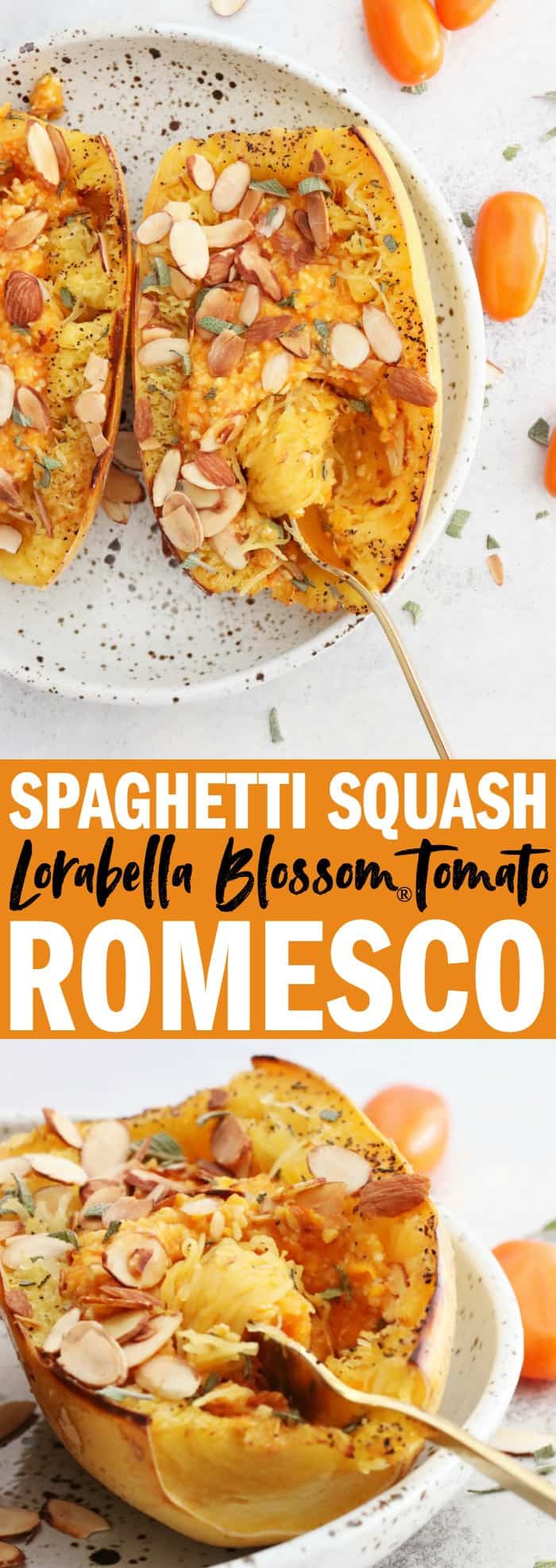 You'll love the sweet orange tomato romesco!! So easy to make and it's whole30 + vegan!! thetoastedpinenut.com #glutenfree #spaghettisquash #whole30 #vegan