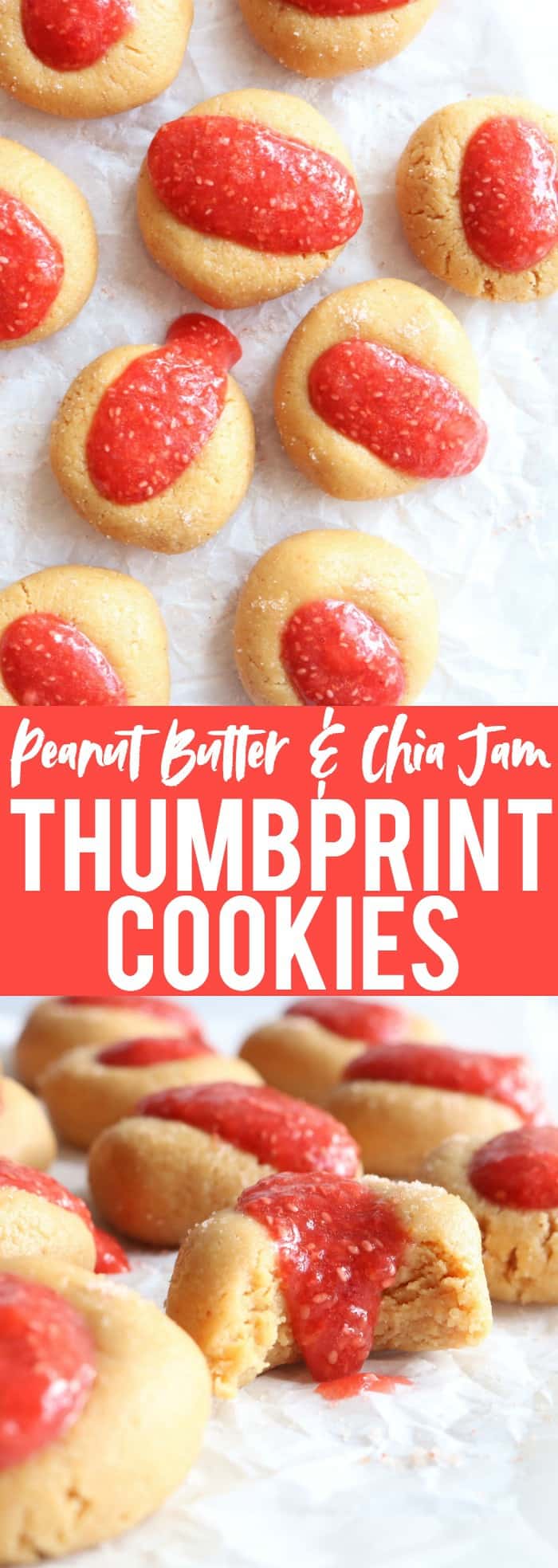 Really fun and delicious gluten free + vegan Peanut Butter + Chia Jam Thumbprint Cookies!! They taste like a PB&J sandwich but BETTER!! thetoastedpinenut.com #vegan #glutenfree #cookies #thumbprintcookies #dessert