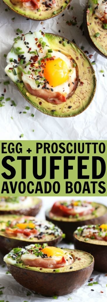 You'll love these Egg + Prosciutto Stuffed Avocado Boats for your next brunch!! This is such a tasty low carb, gluten free, and paleo recipe that is guaranteed to bring the smiles! thetoastedpinenut.com #lowcarb #keto #glutenfree #paleo #dairyfree #breakfast #brunch #avocado #boat #egg