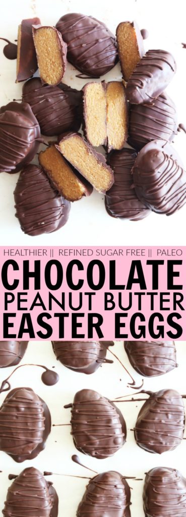 These healthier Chocolate Peanut Butter Easter Eggs are gluten free, refined sugar free and will spare you that dreaded sugar crash! With only a handful of simple, wholesome ingredients, you'll be handing these adorable eggs out like candy ;-) thetoastedpinenut.com #glutenfree #refinedsugarfree #candy #easter #eggs #chocolate #peanutbutter #paleo