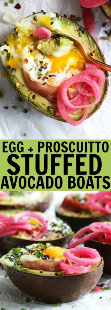 You'll love these Egg + Prosciutto Stuffed Avocado Boats for your next brunch!! This is such a tasty low carb, gluten free, and paleo recipe that is guaranteed to bring the smiles! thetoastedpinenut.com #lowcarb #keto #glutenfree #paleo #dairyfree #breakfast #brunch #avocado #boat #egg