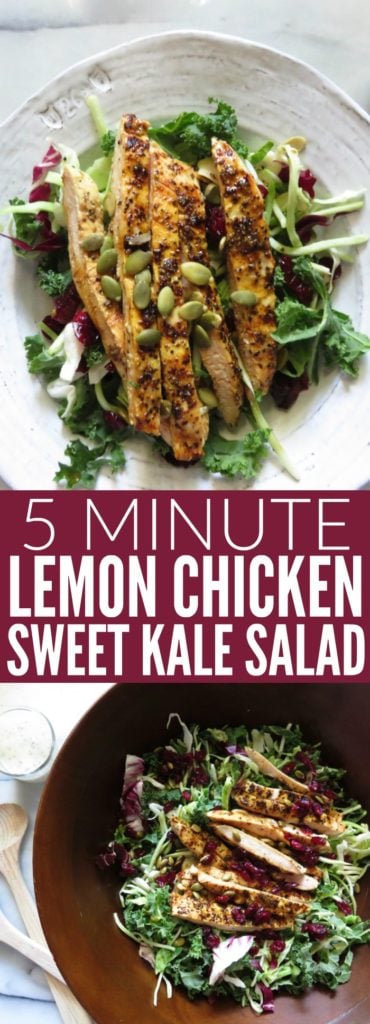 This Grilled Lemon Chicken + Sweet Kale Salad is the perfect easy weeknight meal! Throw it together when you're in a pinch, and you have a flavorful, delicious, gluten free dinner! thetoastedpinenut.com #weeknightmeal #glutenfree #healthy #kale #salad