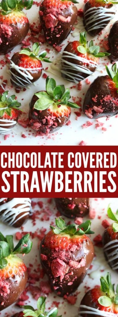 You'll love this EASY no-fail recipe for Chocolate Covered Strawberries that is always a crowd pleaser! I topped mine with a white chocolate drizzle and freeze-dried strawberries but they're so customizable!! Perfect dessert for Valentine's Day!! thetoastedpinenut.com #chocolate #strawberries #glutenfree #valentinesday #dessert