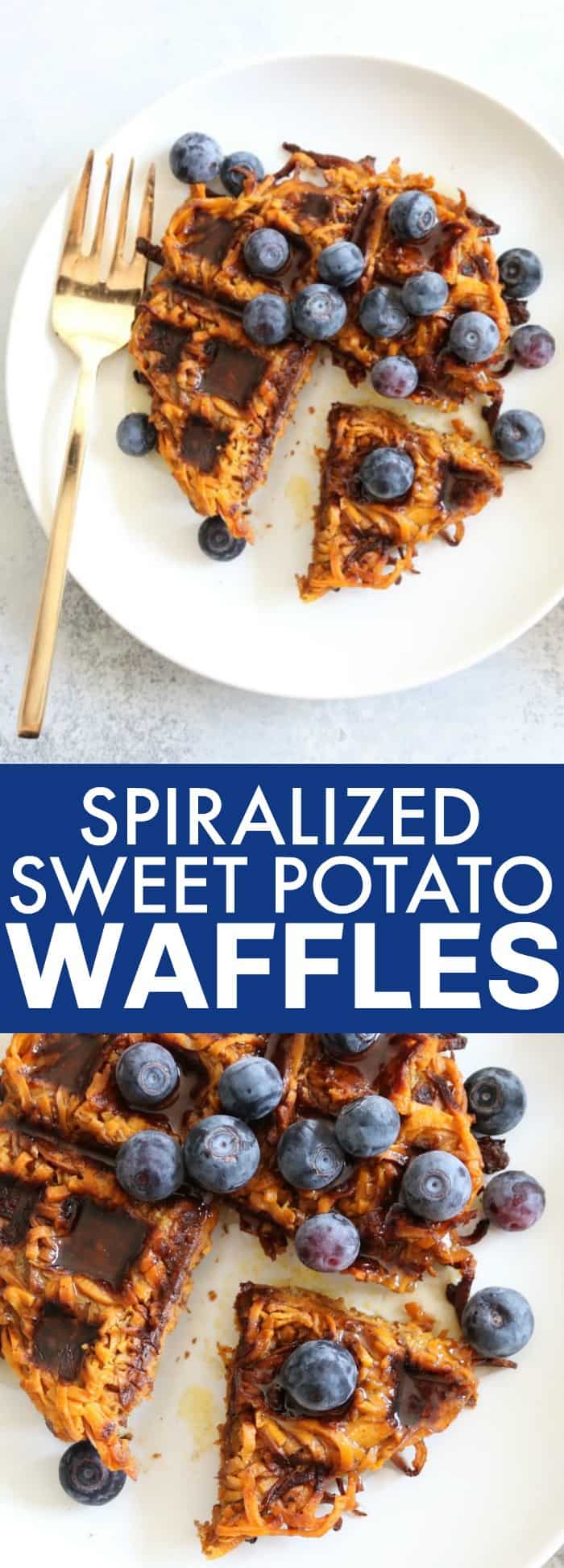 The BEST recipe for spiralized sweet potato waffles! This low carb and gluten free waffle is the BEST start to a lazy weekend! thetoastedpinenut.com #spiralized #sweetpotato #waffles #paleo #glutenfree #dairyfree #breakfast
