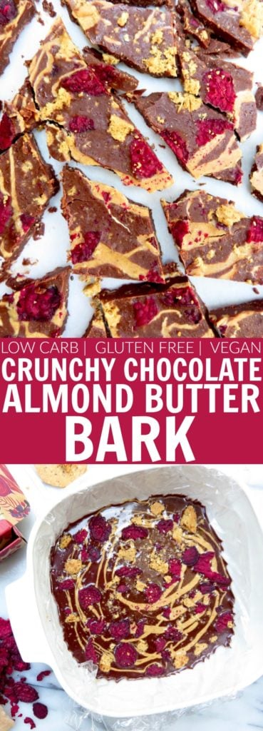 I LOVE this recipe for Crunchy Chocolate Almond Butter Bark!! It's low carb, keto, gluten free, and vegan! Keep this bark stashed in your fridge for you late night sweet tooth! thetoastedpinenut.com #lowcarb #keto #glutenfree #vegan #chocolate #almond butter #paleo #bark #dessert #thetoastedpinenut
