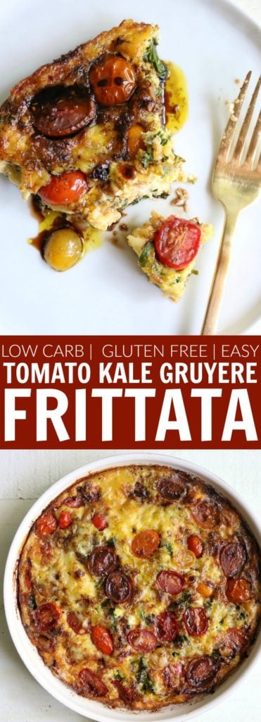 Delicious Tomato Kale Gruyere Frittata that is bursting with flavor! So easy to make, it'll be your new go-to weekend brunch recipe!! thetoastedpinenut.com #frittata #lowcarb #glutenfree #eggs #breakfast #brunch #tomato #kale