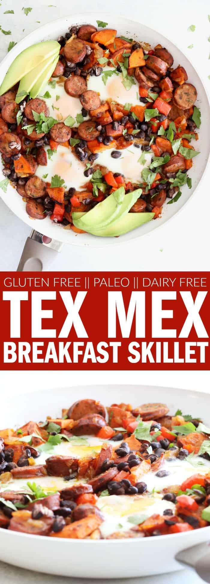 This Tex Mex Breakfast Skillet is such a fun way to kick off your weekend!! This gluten free, paleo, and dairy free recipe is a brunch your whole family can love!! thetoastedpinenut.com #glutenfree #paleo #dairyfree #texmex #breakfast #skillet #eggs #hash #vegetables