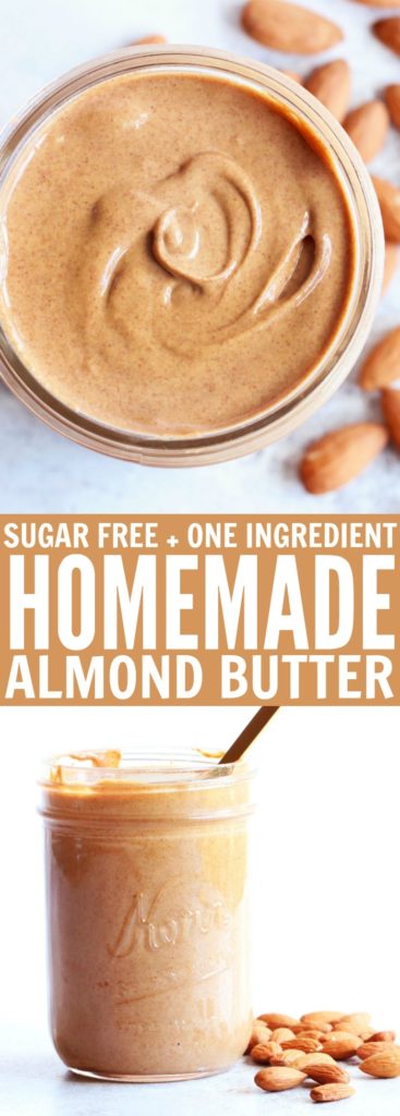 So excited to share with you how to: make homemade almond butter! Just one ingredient (sugar free, oil free) and two steps stand between you and this delicious natural almond butter! thetoastedpinenut.com #howto #diy #homemade #paleo #sugarfree #oneingredient #healthy #oilfree #almondbutter #nutbutter #thetoastedpinenut
