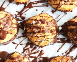 overhead image of coconut macaroons with melted chocolate drizzled on top on white background