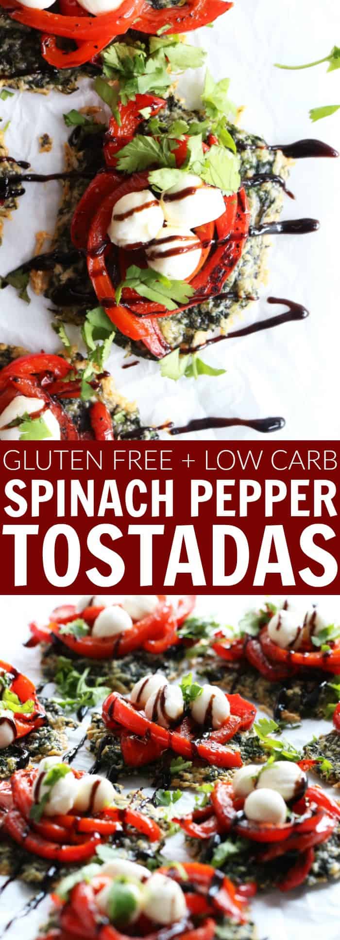Really fun and delicious low carb + gluten free Spinach Pepper Tostadas!! You'll love how simple these are to make and how fun they are to eat! They're a perfect party appetizer!! thetoastedpinenut.com #lowcarb #keto #glutenfree #primal #healthy #appetizer #spinach #tostadas