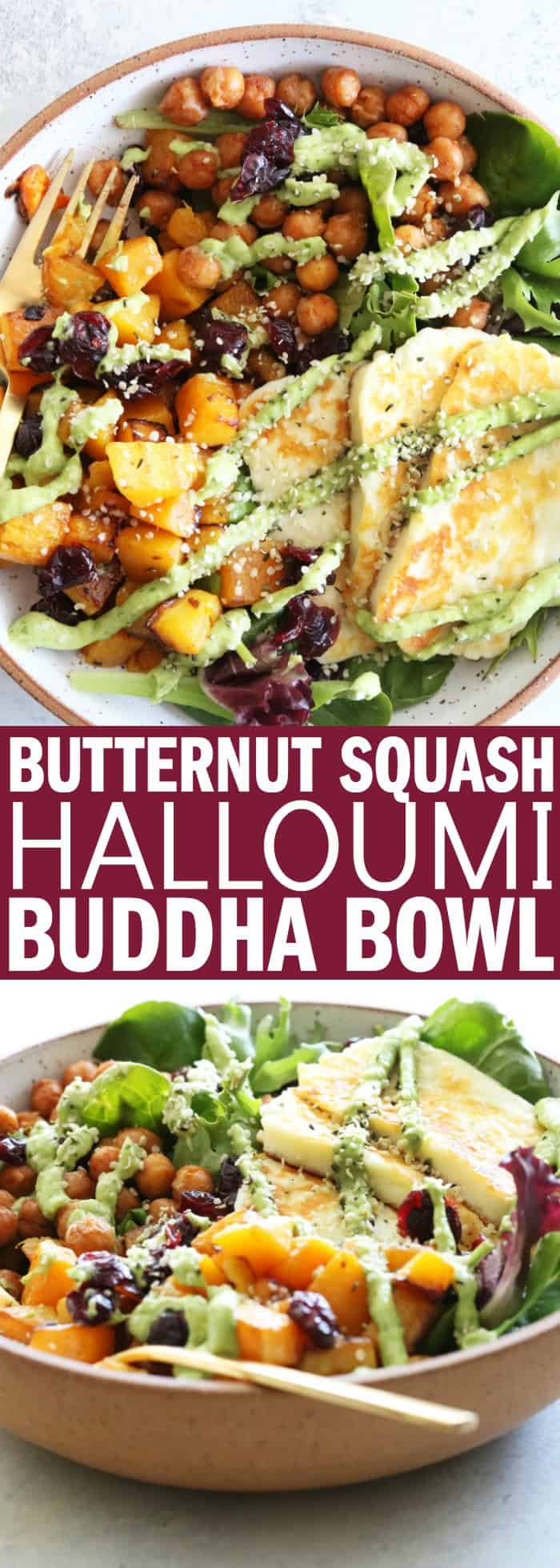 This Butternut Squash Halloumi Buddha Bowl is perfect for your #meatlessmonday dinner!! It's full of delicious, hearty vegetables and flavor! thetoastedpinenut.com #buddhabowl #vegetarian #meatlessmonday #glutenfree #salad #thetoastedpinenut