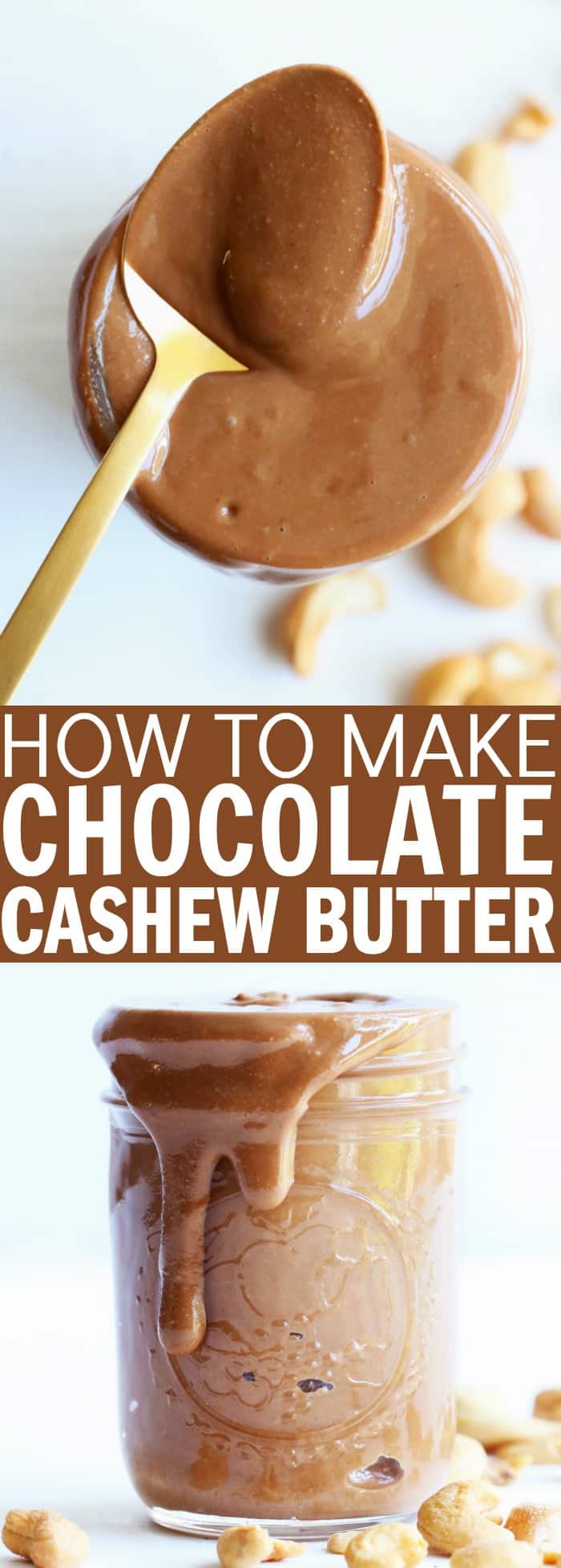 You'll LOVE this recipe for how to make homemade chocolate cashew butter!! It's such a delicious and fun recipe to switch up your nut butter habit! thetoastedpinenut.com #thetoastedpinenut #howto #homemade #diy #cashew #butter #chocolate #nut
